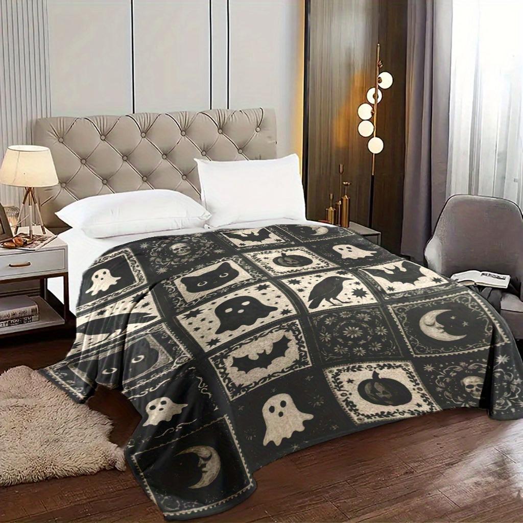 1pc Halloween-Themed Patchwork Blanket with Ghosts, Pumpkins, Bats & More – Soft, Warm Flannel Throw for Cozy Naps, Camping
