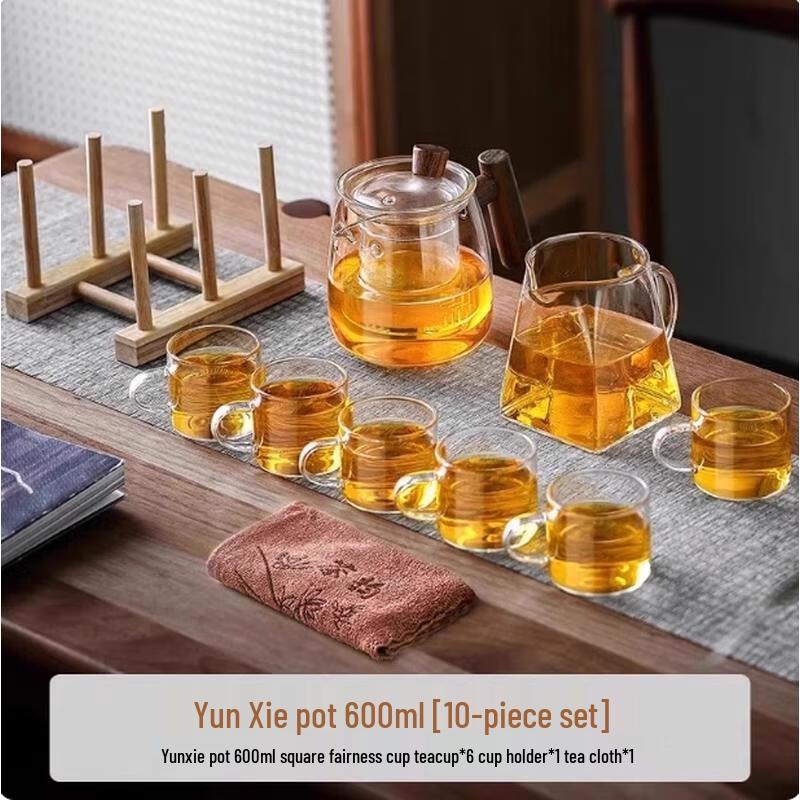 HANDUNYOU Walnut Wood Glass Tea Set (10-Piece, 600ml)