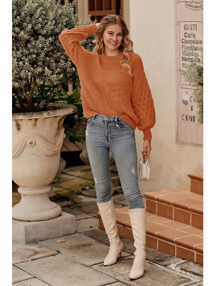 Solid Colour Long Sleeved Crew Neck Jumper Autumn Winter Fashion Commuter Bell Sleeve Knit Top Luxurious Relaxed-fit Slimming and Versatile Top