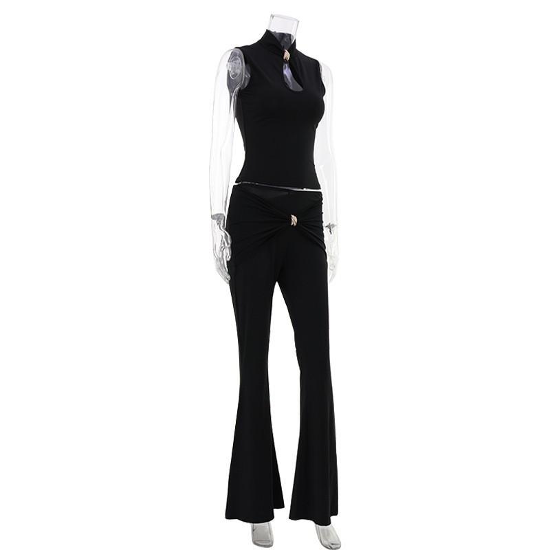 2026 Womens Fashion Solid Color Cutout Waist Top High Pleated Pants Set Casual Outfit