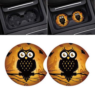 2PCS Halloween Owl Anti Slip Mat Car Water Cup Slot Car Coaster Decoration Interior Auto Styling