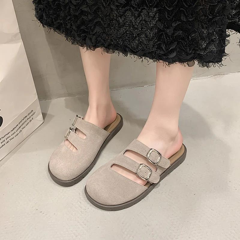 New Women's Suede Mules Slippers Platform Flats Boston Clogs Sandals Fashion Outdoor Indoor Slip On Beach Woman Soft Shoes