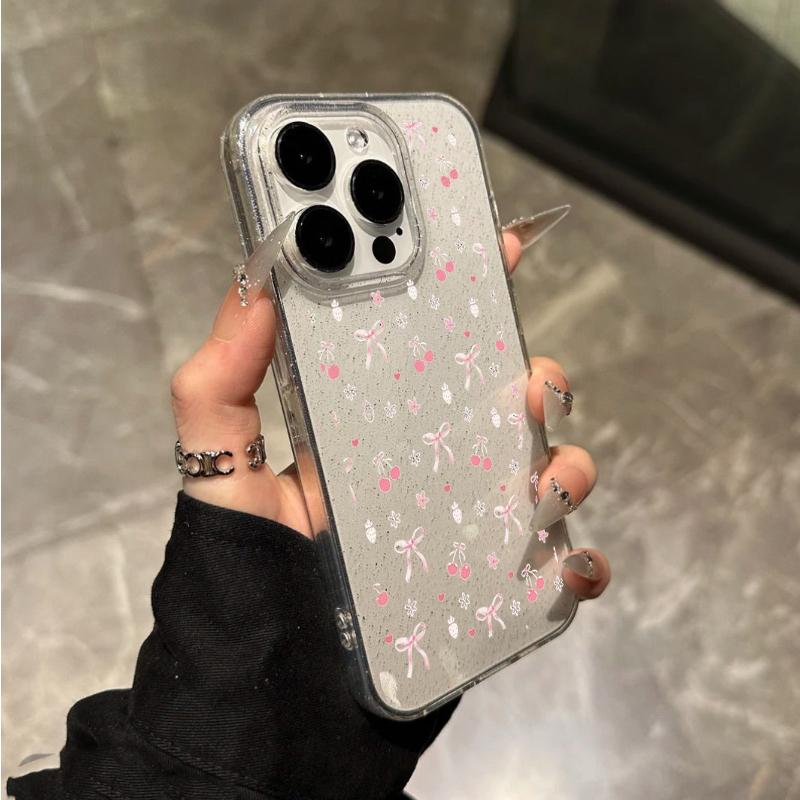Cartoon Pink Cherry Small Bow Glitter Clear Phone Case For iPhone 17 16 15 Pro Max 14 13 12 11 7 8 Plus 16E 17E XS XR X 17 Cover