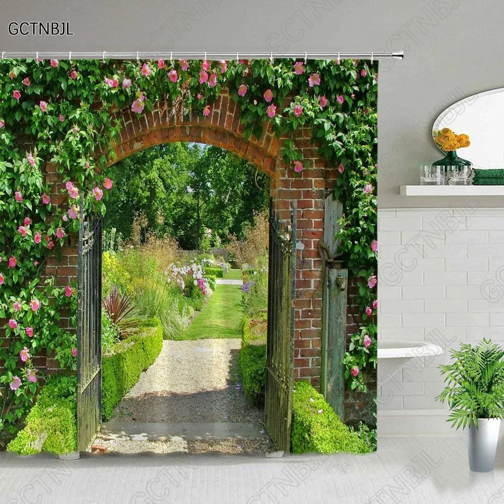Street Building Scenery Shower Curtain Flower Plant Retro Old Door Summer Rural Landscape Bathroom Curtain Background Wall Decor