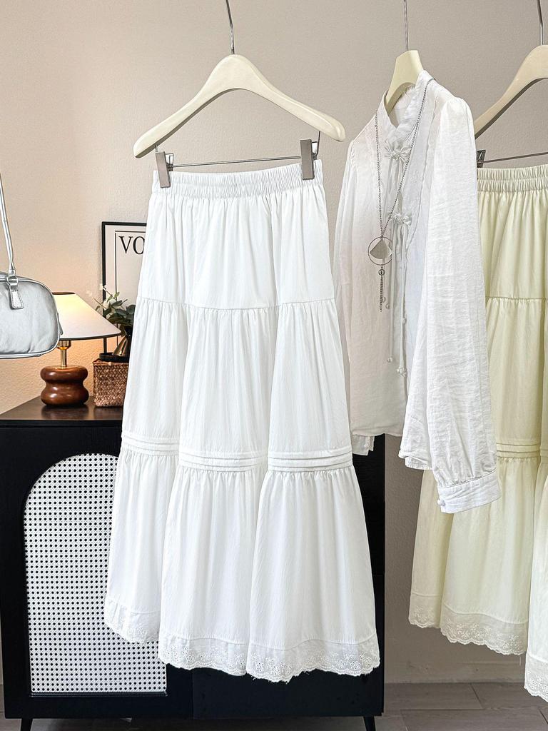 2026 Summer Women's White A-Line Lace Trim Flared Long Skirt with High Waist and Pleats