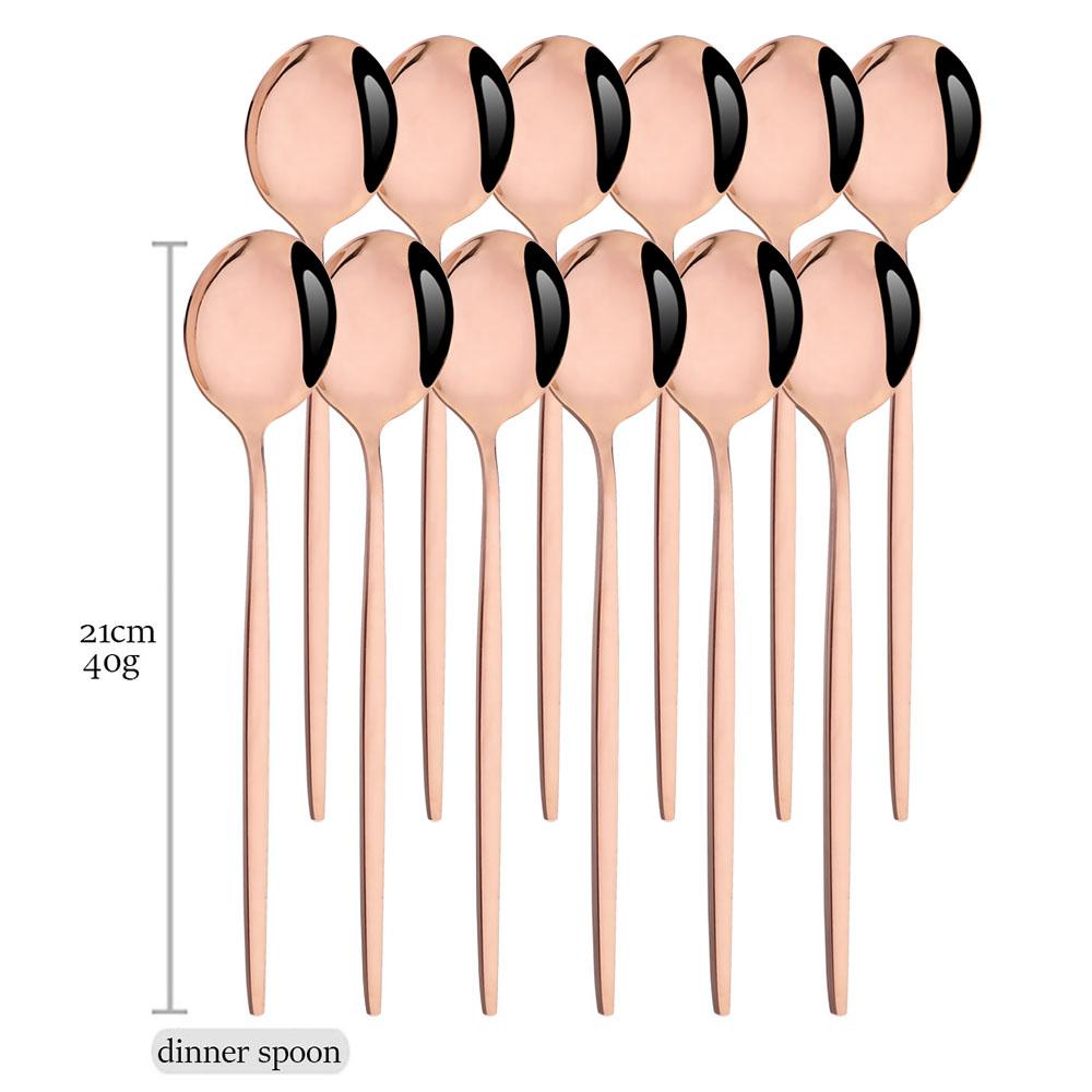 Drmfiy 12Pcs Rose Gold Cutlery Set Fork Knife Spoon Flatware Stainless Steel Dinnerware Set Lomg Ice Spoon Kitchen Set Tableware