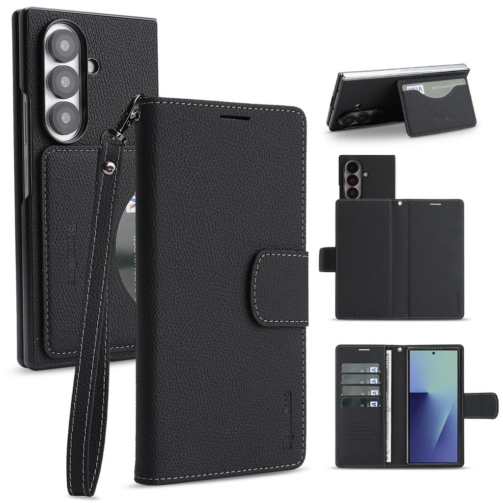 Detachable Leather Case for Samsung Galaxy Z Fold 7 ZFold 6 5 4 3 RFID Blocking Multiple Card Holder Wallet Phone Cover+Lanyard