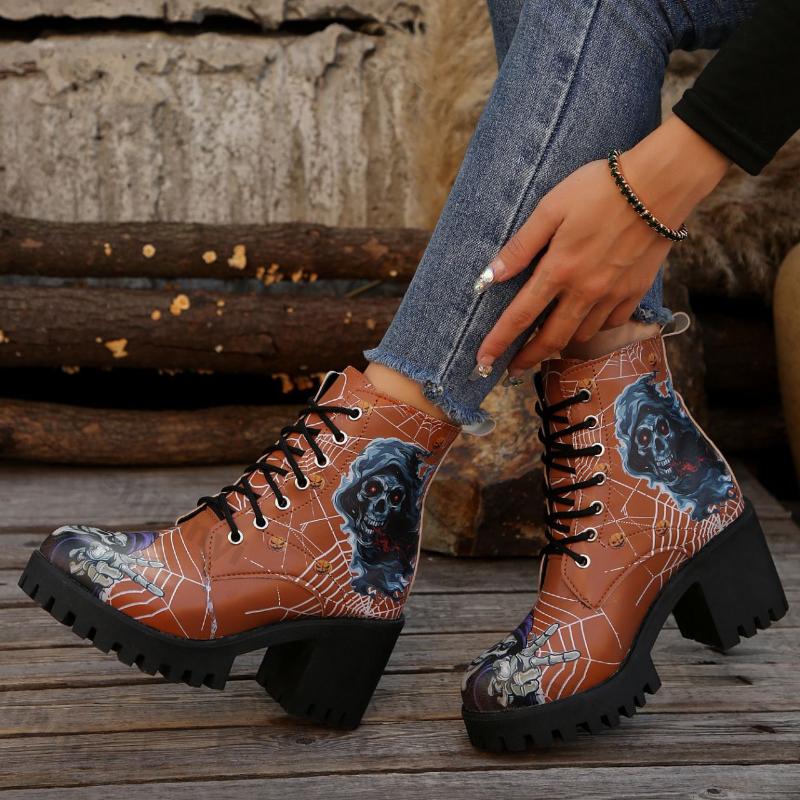 Fashion Fashion Printed Platform Ankle Boots for Women Autumn Winter Black High Heels Short Boots Woman Lace-up Thick Heeled Botas Mujer