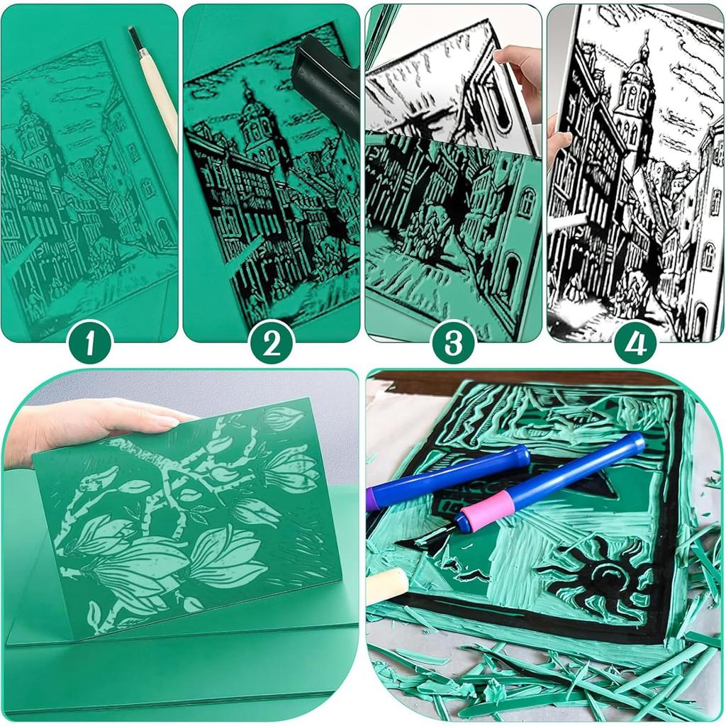 Hirameki Rubber Stamp Set of Soft Rubber Linoleum Engraving Flat Linocut Rubber for Crafts and Printing Projects Sheets, 4, Boards, Green, Surface,