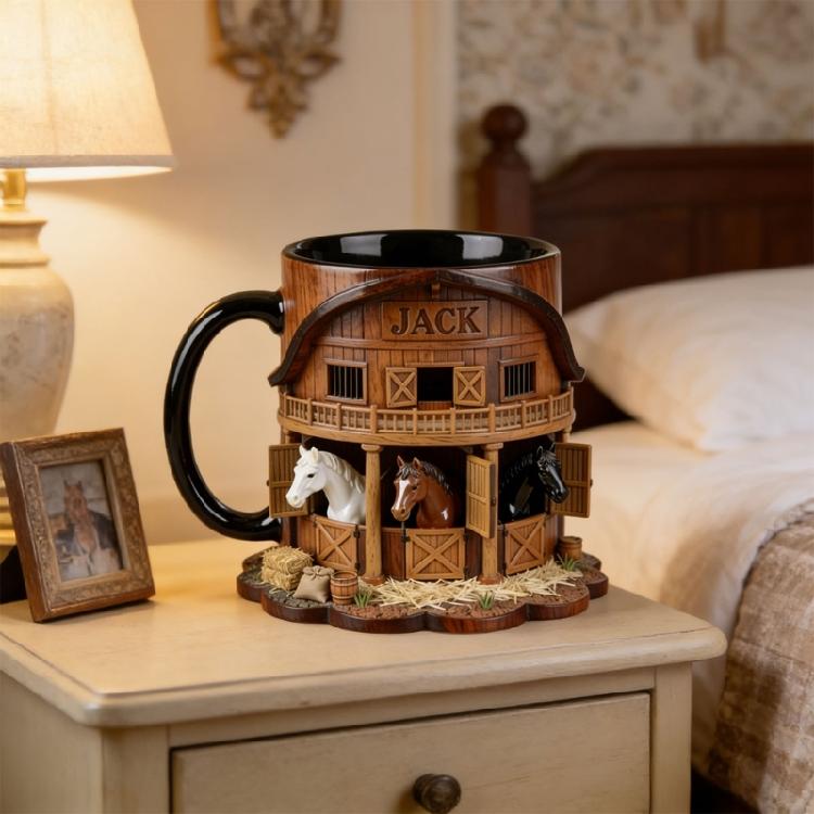 Artistic Equestrian Theme Drinking Cup Ceramic Coffee Mug With Flat 2D Print Horse Stable Pattern For Daily Use