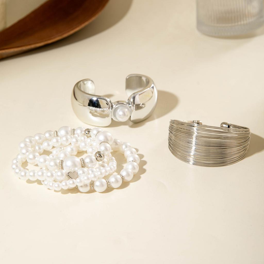 Accessories, geometric metal exaggerated bracelets, multi-layer pearl beaded bracelet set