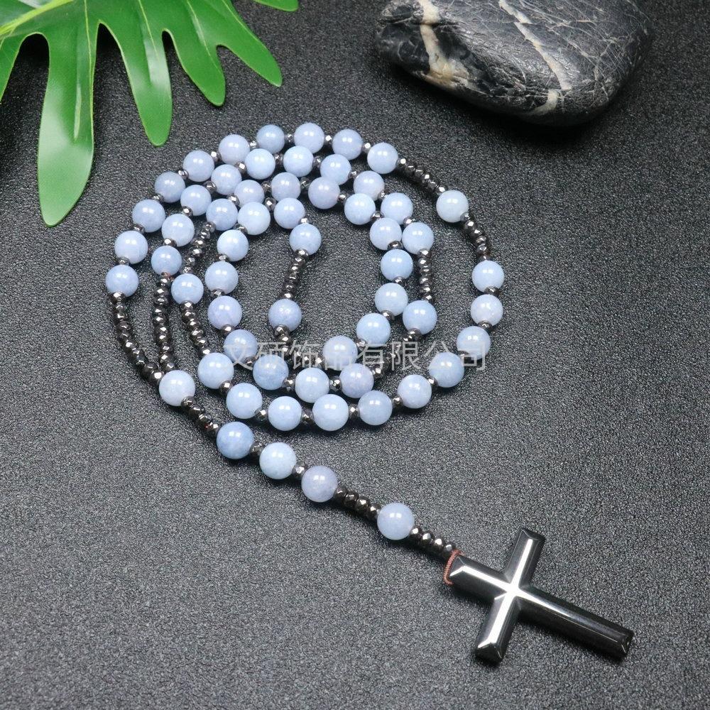 Collier pendentif croix en pierre naturelle, Croix en pierre d'œil de tigre et fer à bille chapelet collier pour homme