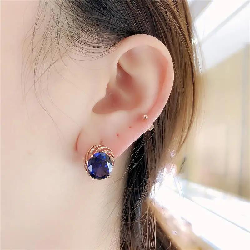 Pendientes de Gema Azul para Mujer Diseño Simple Chic Pendientes de Zafiro de Moda Que Brillan en Oro Rosa Chapado en Cobre