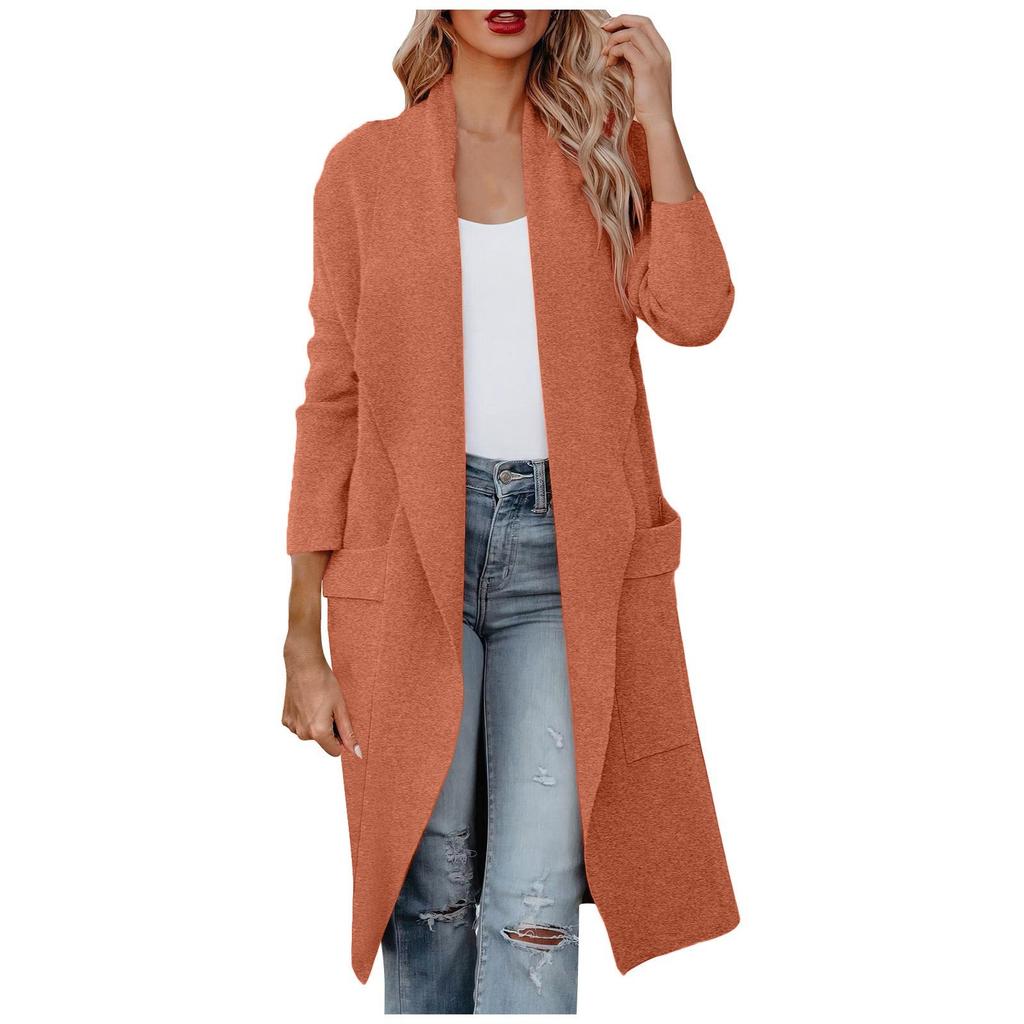 Damen Strickjacke mit langen Ärmeln, lässig, lang, gestrickt, Umhang, offene Vorderseite