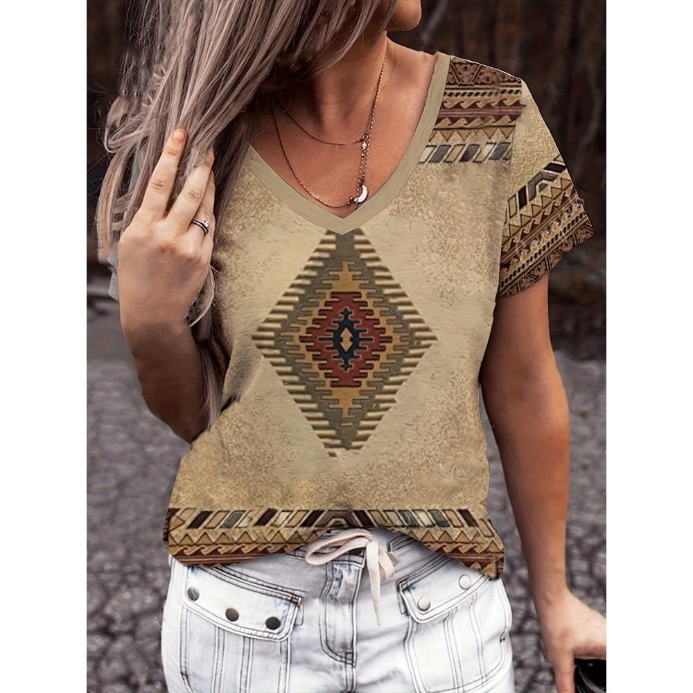 Vintage Geometric-Patterned Women'S T-Shirt | V-Neck, Short Sleeve, High Stretch Fabric, Summer Casual Wear