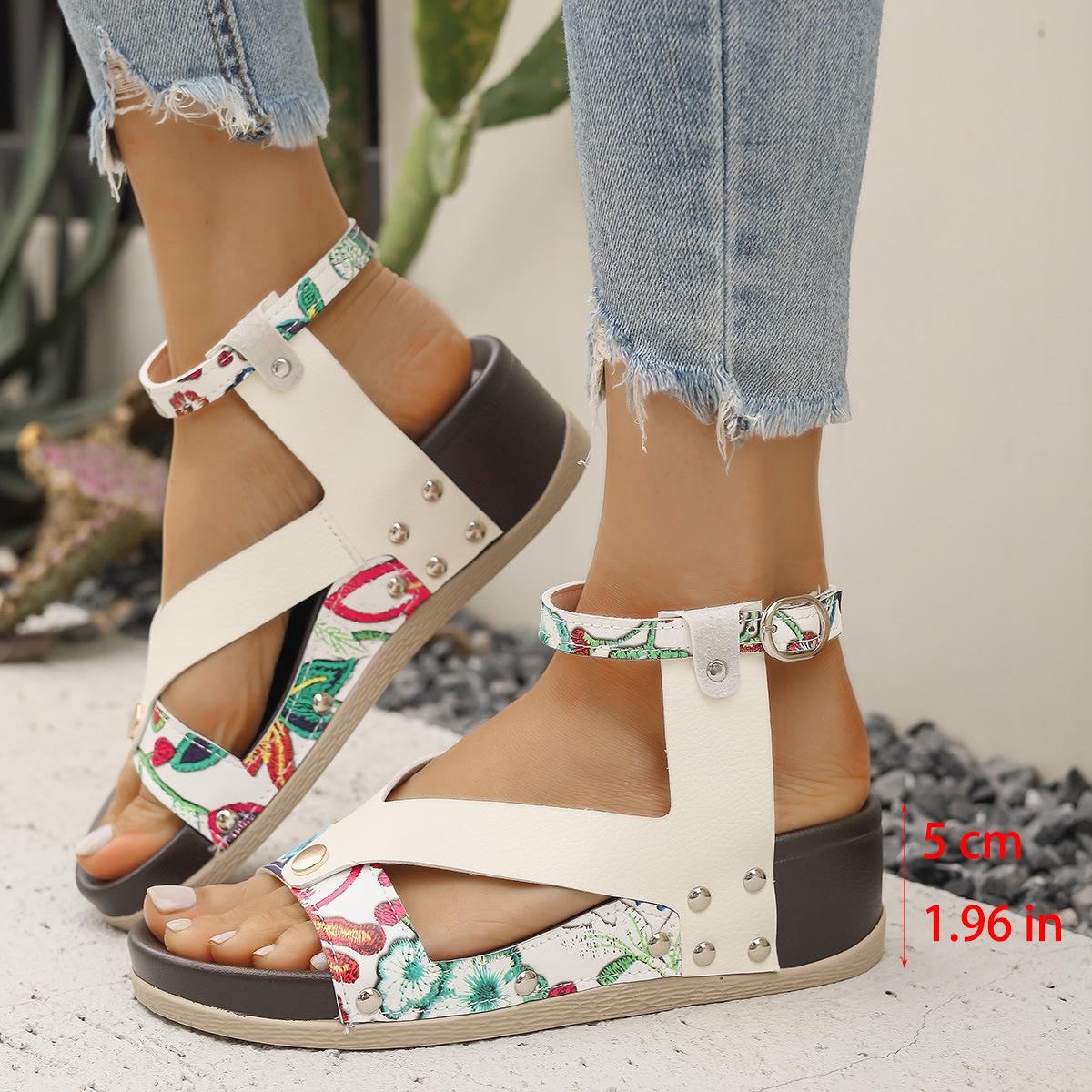 European & American Style Women s Plus Size Peep-Toe Mid-Heel Buckle Patchwork Roman Sandals, 2025 Fashion. 37 цветочный/белый
