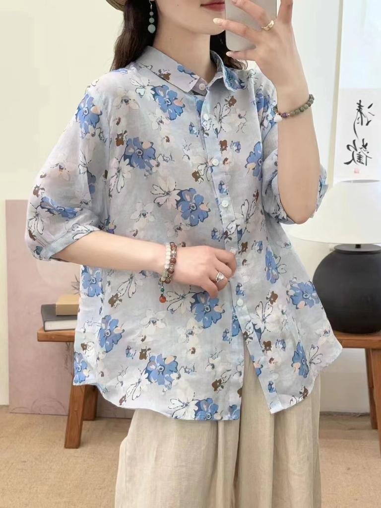 Johnature Women Vintage Print Floral Shirts Tops Turn-down Collar Seven Sleeve Blouses Summer Chinese Style Shirts