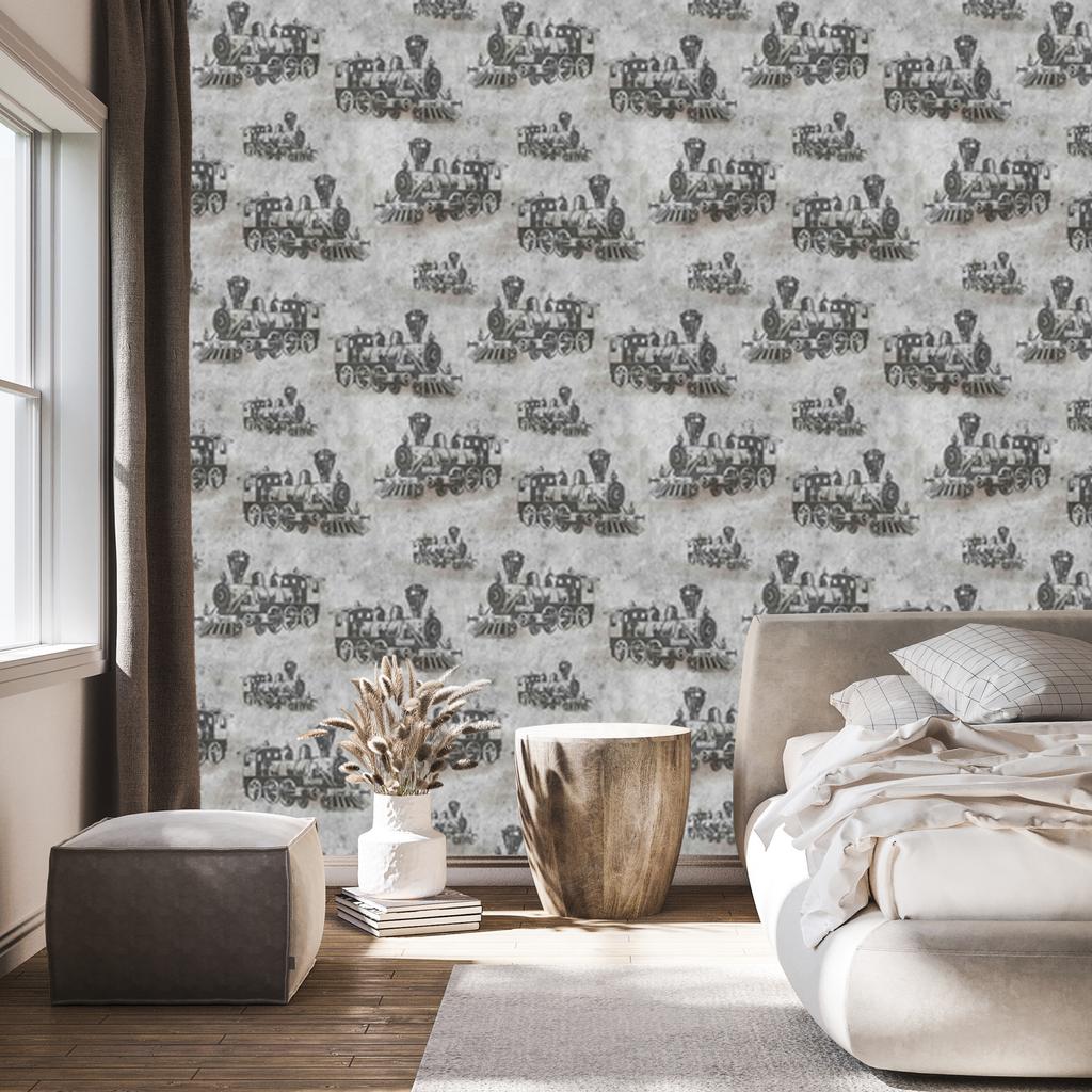 Vintage Locomotive Wallpaper in Front of Concrete in Vintage Style 50x1000