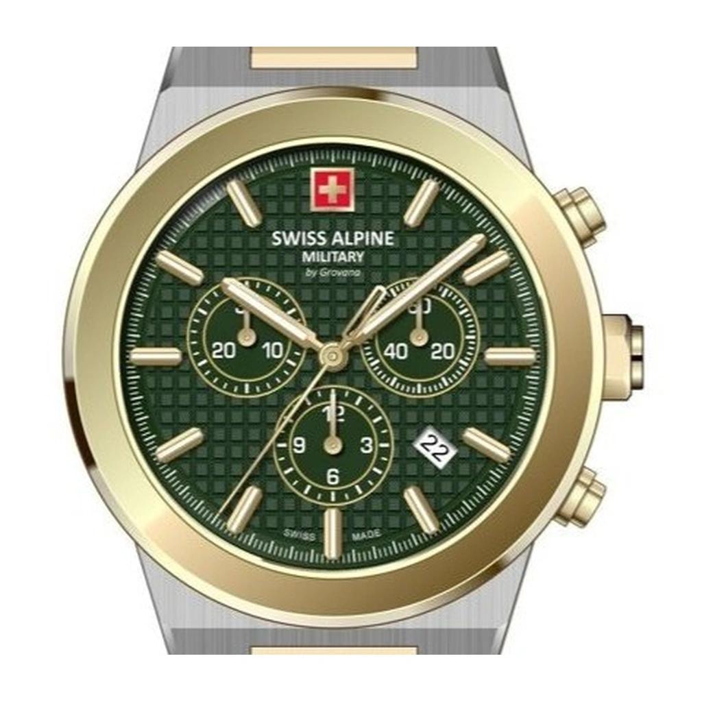 Swiss Alpine Military Pioneer Chronograph Two Tone Stainless Steel Green Dial Quartz 7048.9144 100M Men's Watch