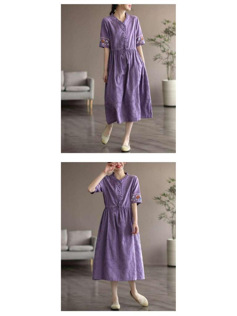 Damska Artystyczna Retro Sukienka z Krótkim Rękawem, Średniej Długości, z Haftowanego Bawełnianego i Lnianego Żakardu, ze Sznurkiem w Talii