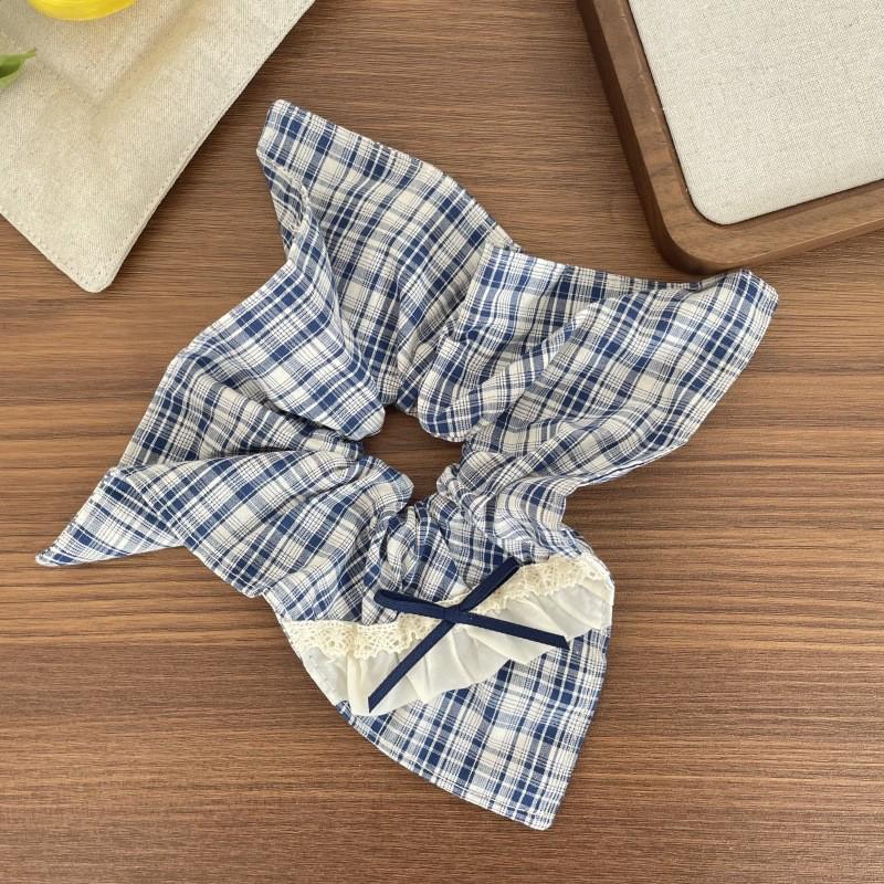 Korean Blue Plaid Bow Scarf Women's Hair Tie & Headband Set