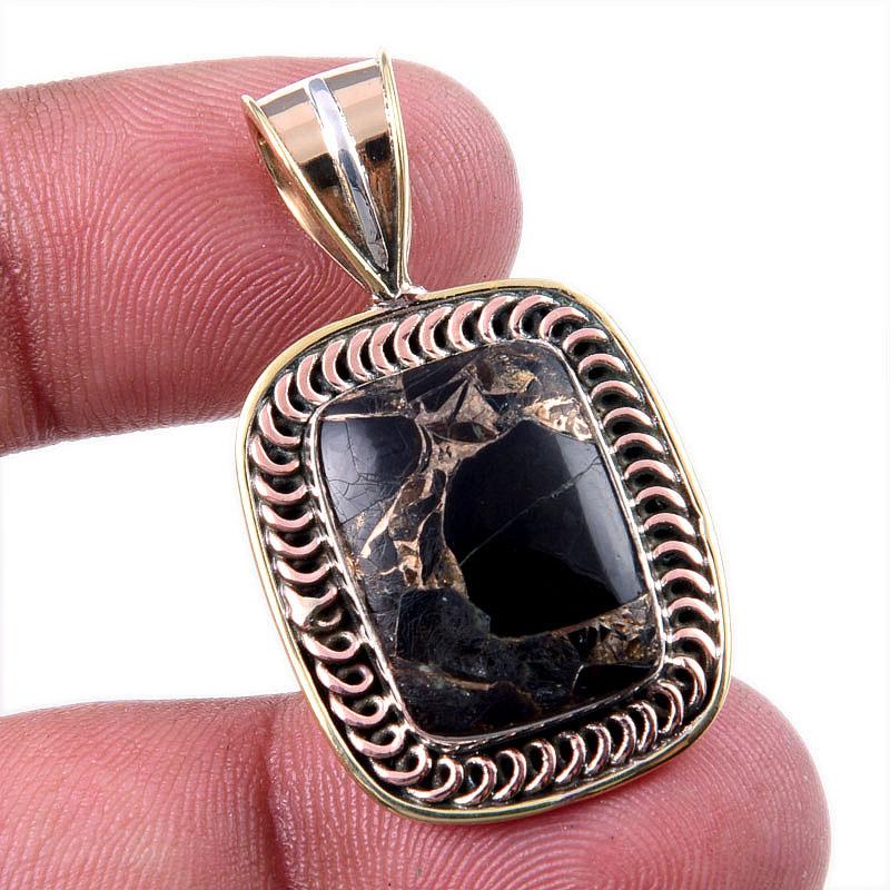 

Natural Black Copper Turquoise 925 Solid Silver Gift TwoTone Pendant 1.50 m5F11