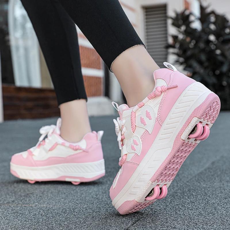 Nuevos zapatos de paseo para niñas Patines invisibles de cuatro ruedas medianos para niños Estudiantes patines de ruedas con cordones niños