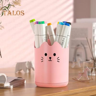 Pen Holder 360 Degree Rotating Cat Pattern Design Large Capacity Stationery Organizer Desk Accessory
