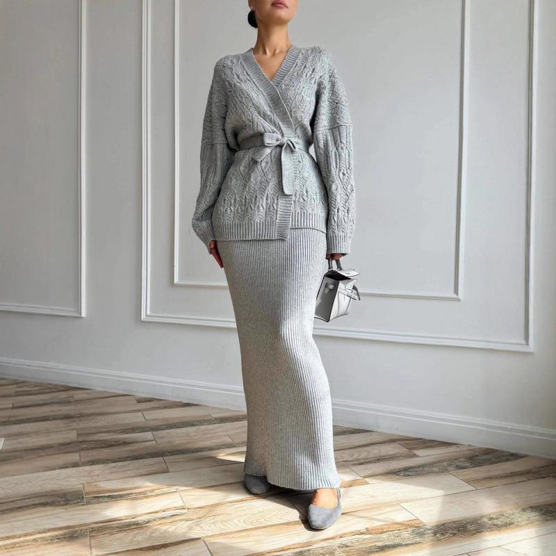 Hollow Cardigan Loose Knitted Sweater Jacket Cross-border European and American Women's Clothing Lace-up Skirt Fashion Casual Suit