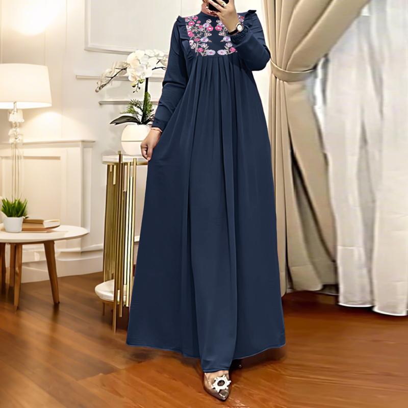 

ZANZEA Women Casual Stand Collar Loose Long Sleeve Floral Embroidery Dress L тёмно-синий