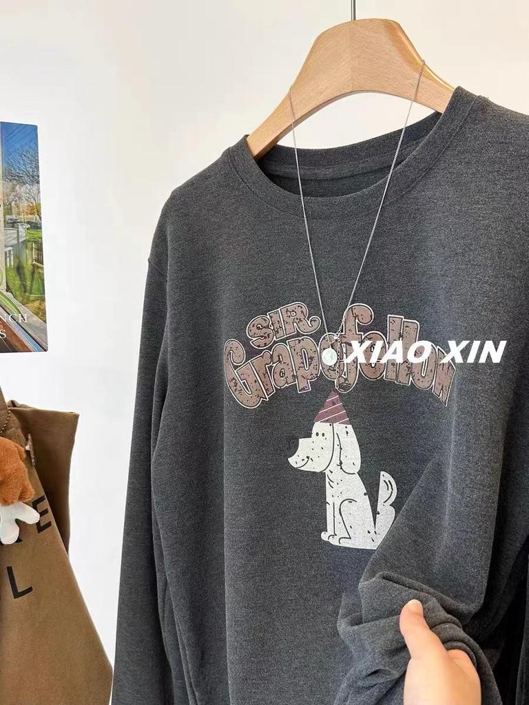 Korean Cute Puppy Hooded Long Sleeve Women's T-shirt - Cotton Brushed, Autumn/Winter Loose Base Layer Top
