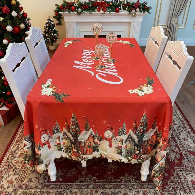 Christmas Snowman Printed Embroidered Tablecloth Holiday Party Decor Waterproof Table Cover