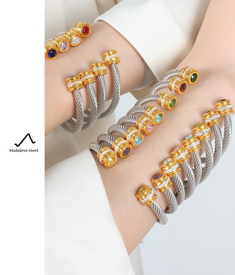 Titanium Steel Multi-Color Zirconia Open Bangle - Cross-Border Stainless Steel Hand Ornament