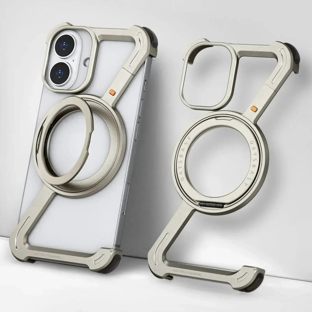 Oatsbasf Z Shape Metal Phone Case for iPhone 16 15 14 Pro Max with Stand 360°Rotate Magsafe Minimalist Frameless Protective Case