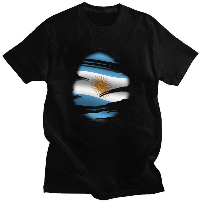 Individuelles Argentinien Zerrissene Flagge Tattoo T-Shirts für Herren Kurzarm T-Shirt Argentinisch Stolz T-Shirt Lockere Passform 100% Baumwolle T-Shirt Geschenk
