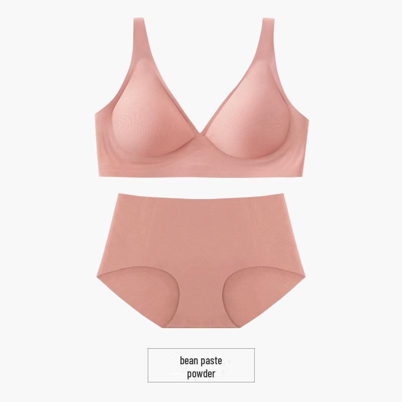 "Women's French-Style Seamless Soft Support Jelly Underwear Bra Set - Comfortable, No Steel Ring, Adjustable, Gathered Design"