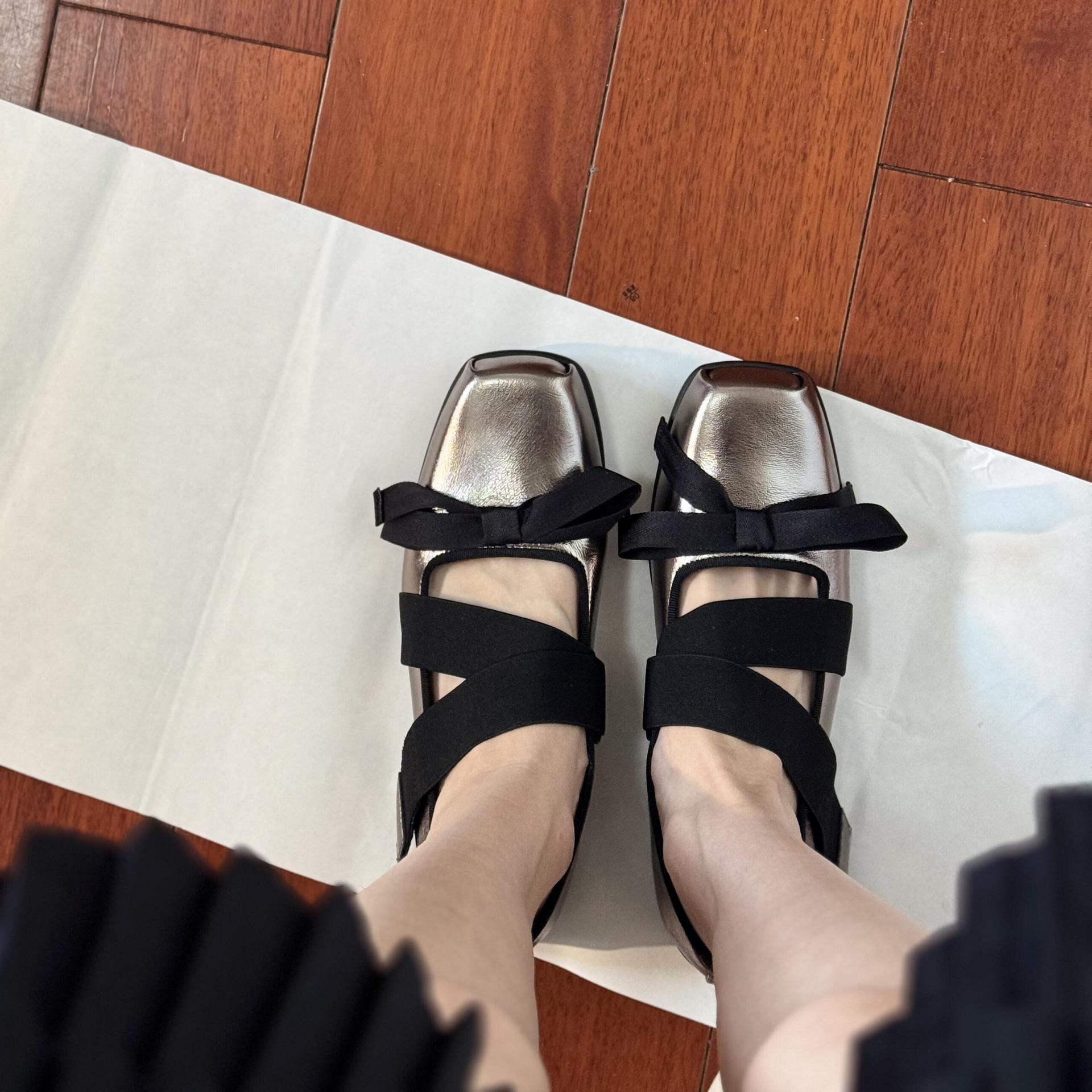 

Cowhide version~ Leather silver platform Mary Jane single shoes women s French bow ballet shoes small leather shoes ladyshoes 35