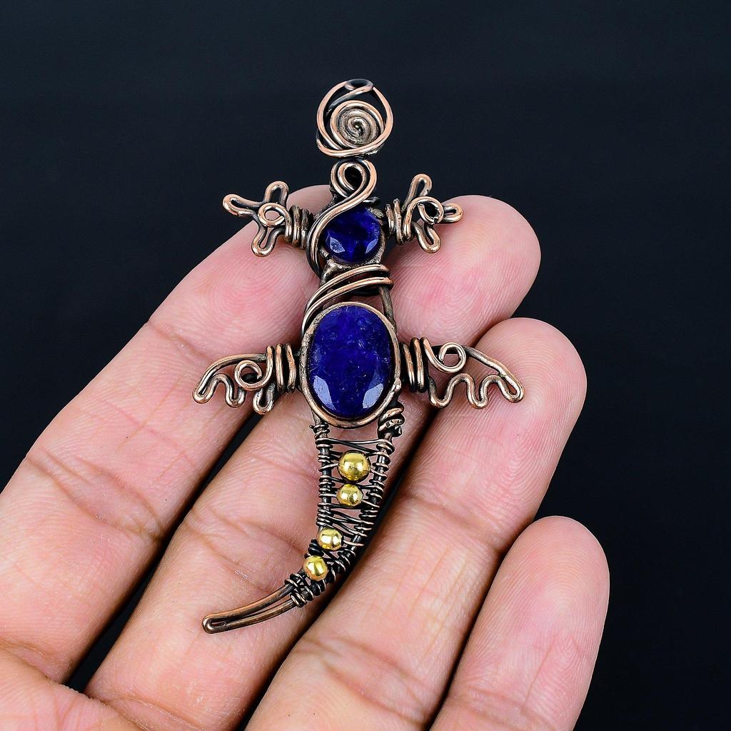 Blue Sapphire Pendant, Handmade Gemstone Pendant, 999 Copper Wire Wrapped Pendant Antique Jewelry, For Engagement Gift