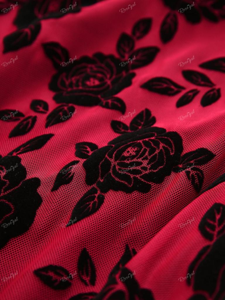 Rosegal Übergröße, Wasserfallausschnitt, Rosenblüten-Netzbeflockung, mehrlagig, gerüscht, Ösen, Gürtel, 2-in-1-Oberteil mit Glockenärmeln