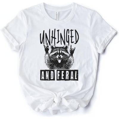 Unhinged and Feral Raccoon T-Shirt, Funny Rock Hands White and Natural Tee for Wild People