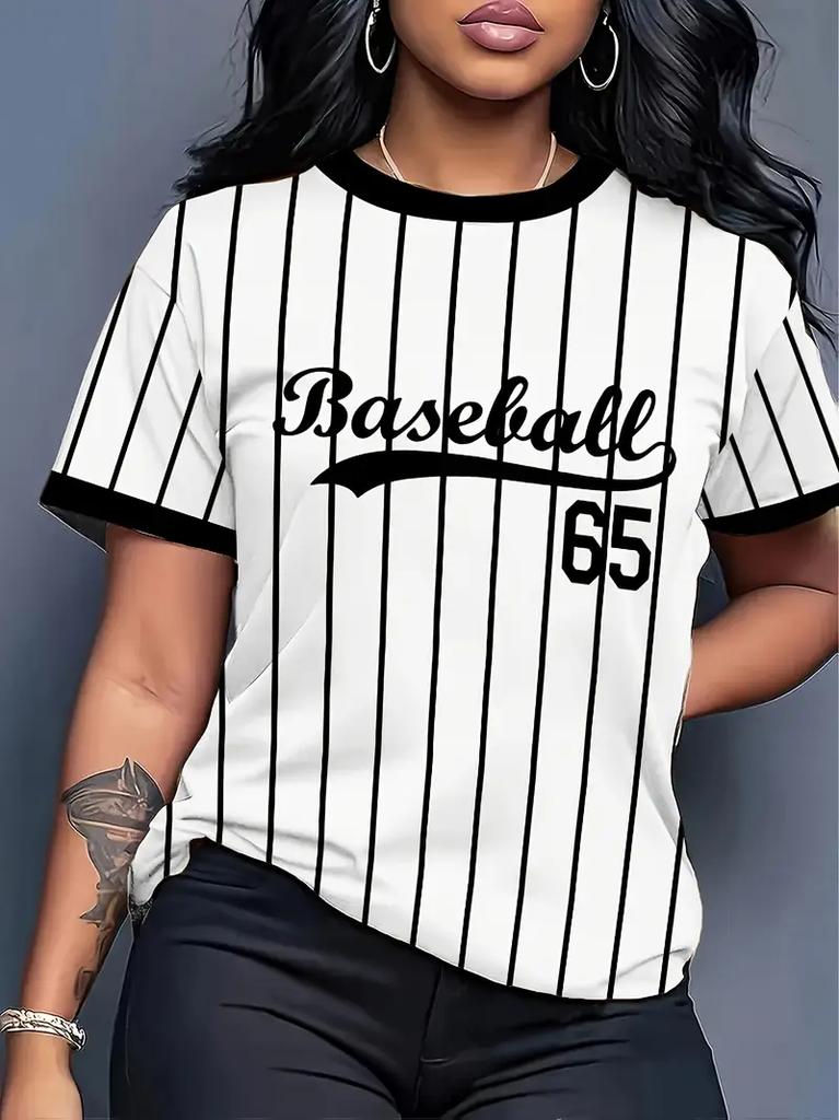 Women's Baseball Striped Print Crew Neck Short Sleeve T-Shirt, Summer Pattern T-Shirt, Sports T-Shirt