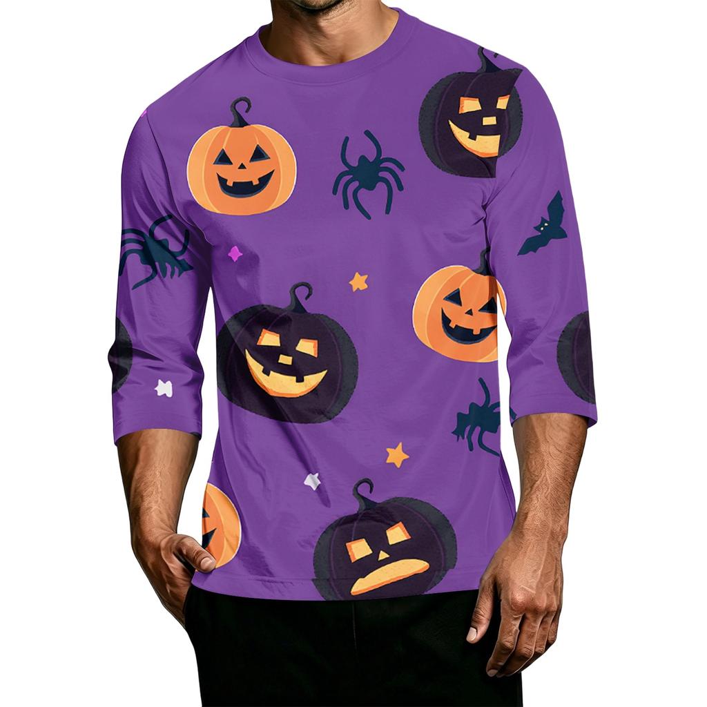 Men's Casual Halloween Print Round Neck 3/4 Sleeve T-Shirt