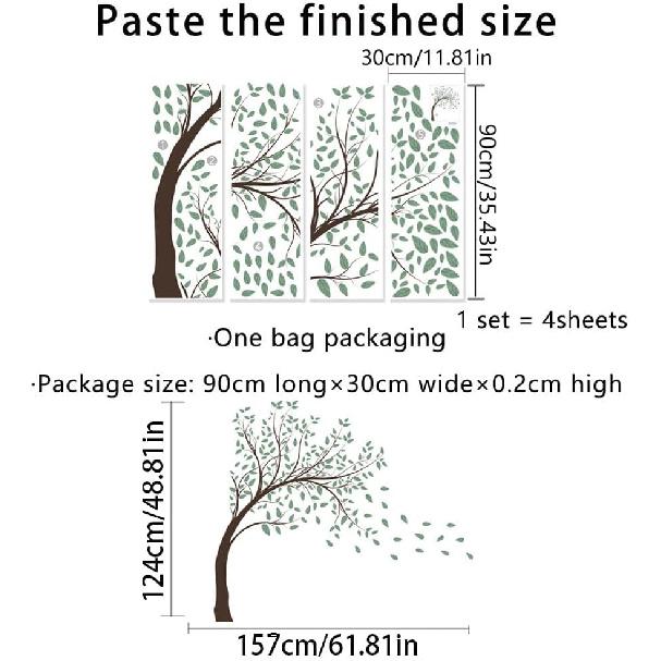 4 Sheets Green Tree Wall Decals Big Tree Wall Stickers Large DIY Peel and Stick Flying Leaves Wall Decor for Kids Bedroom Living Room Nursery Rooms