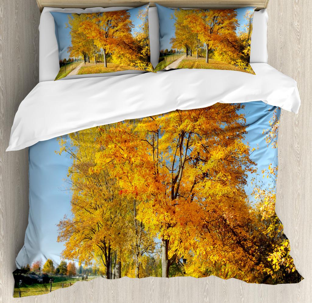 Leaves Duvet Cover Set Fall Season Canadian Maple Leaf Natural Plant Gold King Queen Size for Kid Boy Girl Polyester Bedding Set