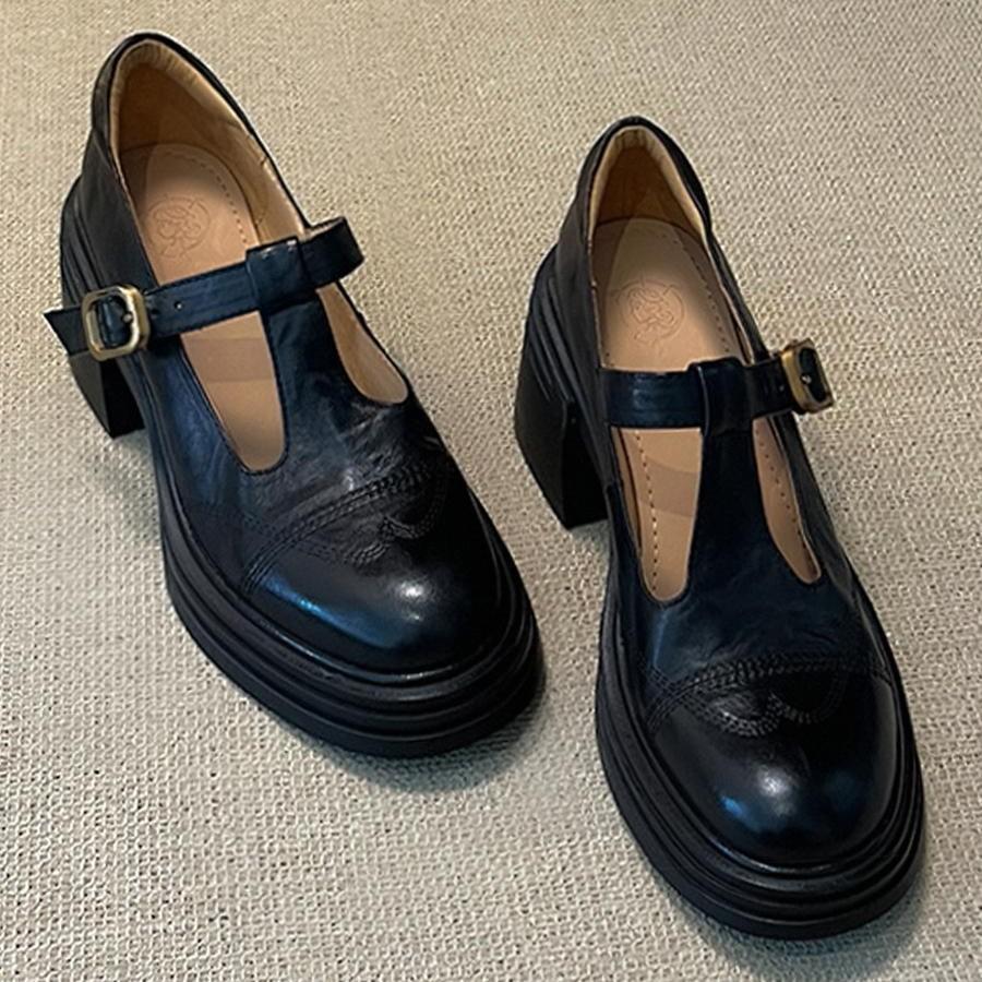 Kravská kůže~ Pravá kůže silná podrážka Mary Jane dámské boty černé vysoké podpatky silný podpatek retro francouzské jednopřezkové boty zvyšující malé kožené boty