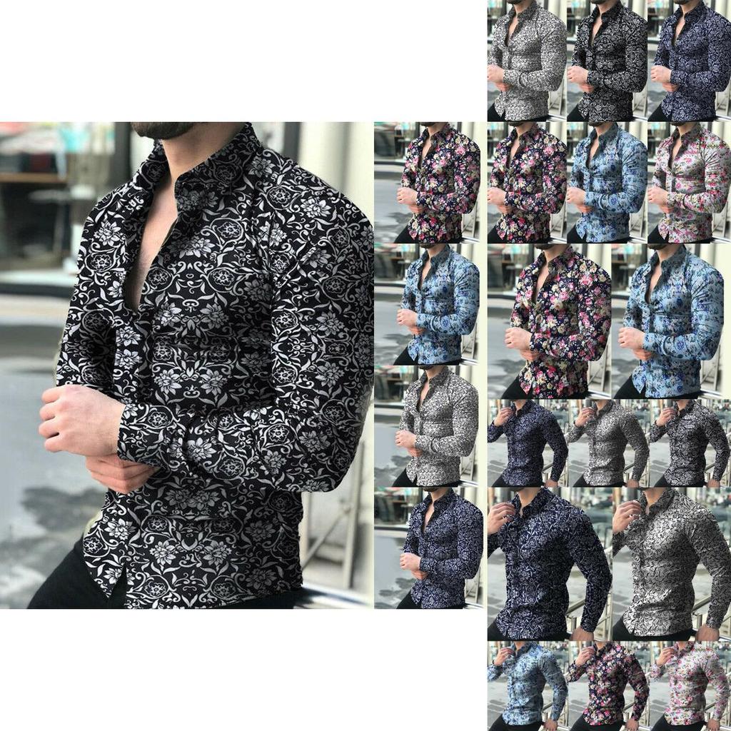 Stylish Men's Casual Long-sleeve Shirt With Trendy Floral Print And Slim Fit Design