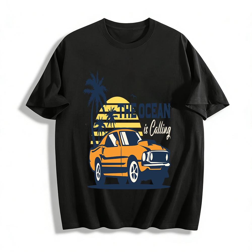 

Vintage Sports Car Coconut Tree Print Ocean Calling Vacation Tee Pure cotton T-shirt XXS