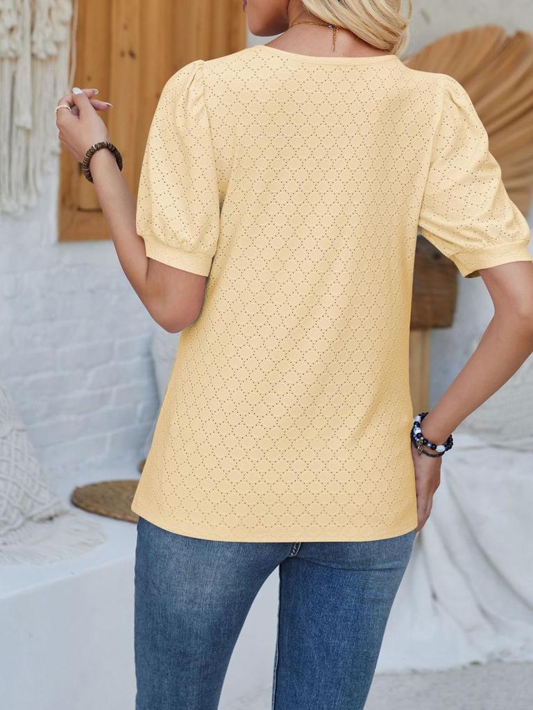 2024 Spring/Summer Women's U-neck Loose Casual T-shirt with Bubble Sleeves
