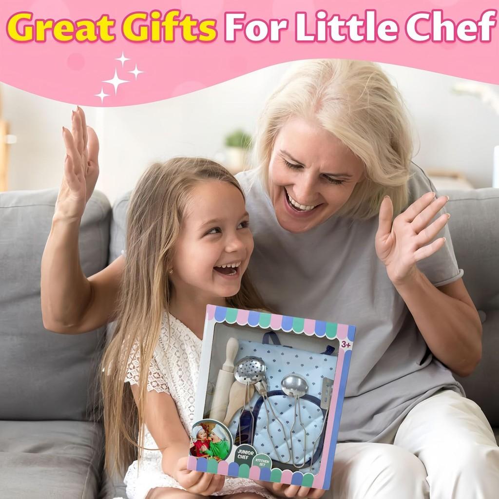 Kids Cooking Apron Set With Cutting Toys For Pretend Baking Activities Gift