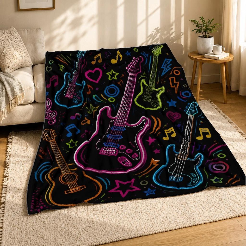 Neon Guitar Music Notes Coral Fleece Blanket Music Lover Decor